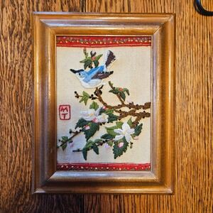 Vintage Hand Embroidered Blue Bird Cherry Blossom Art Framed 6x8